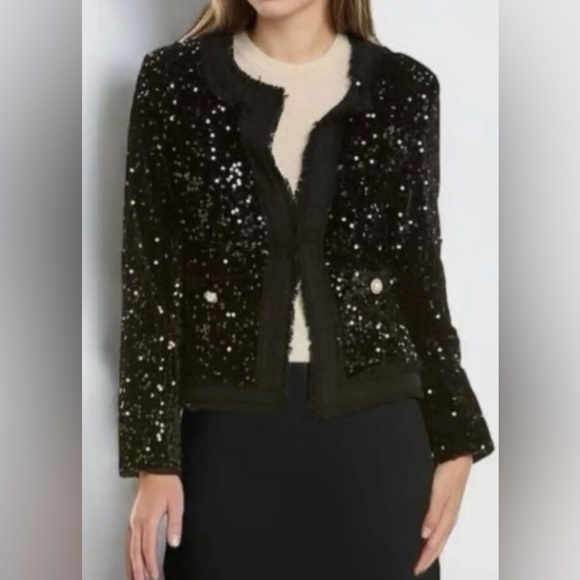 Nanette Lepore black sequin blazer / jacket, pearl buttons. Holiday outfit S NWT - Picture 3 of 15